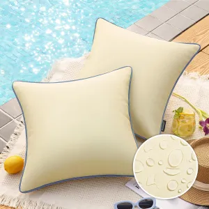 Phantoscope Pack of 2 Outdoor Waterproof Throw Pillow Covers with Contrast Piping, Decorative Square Cushion Case Patio Pillows for Couch Tent Sunbrella, Light Beige 20x20 inches