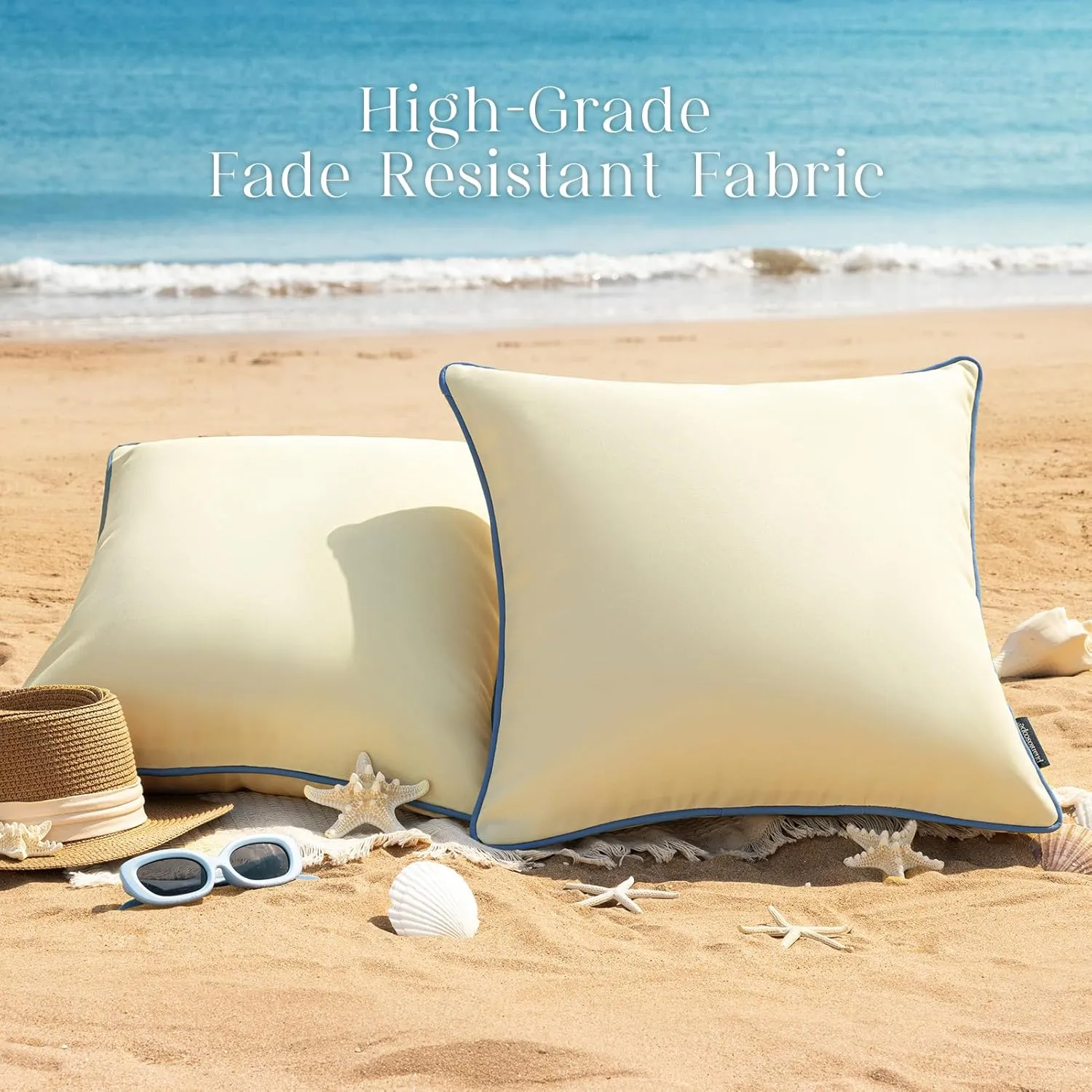 Phantoscope Pack of 2 Outdoor Waterproof Throw Pillow Covers with Contrast Piping, Decorative Square Cushion Case Patio Pillows for Couch Tent Sunbrella, Light Beige 20x20 inches
