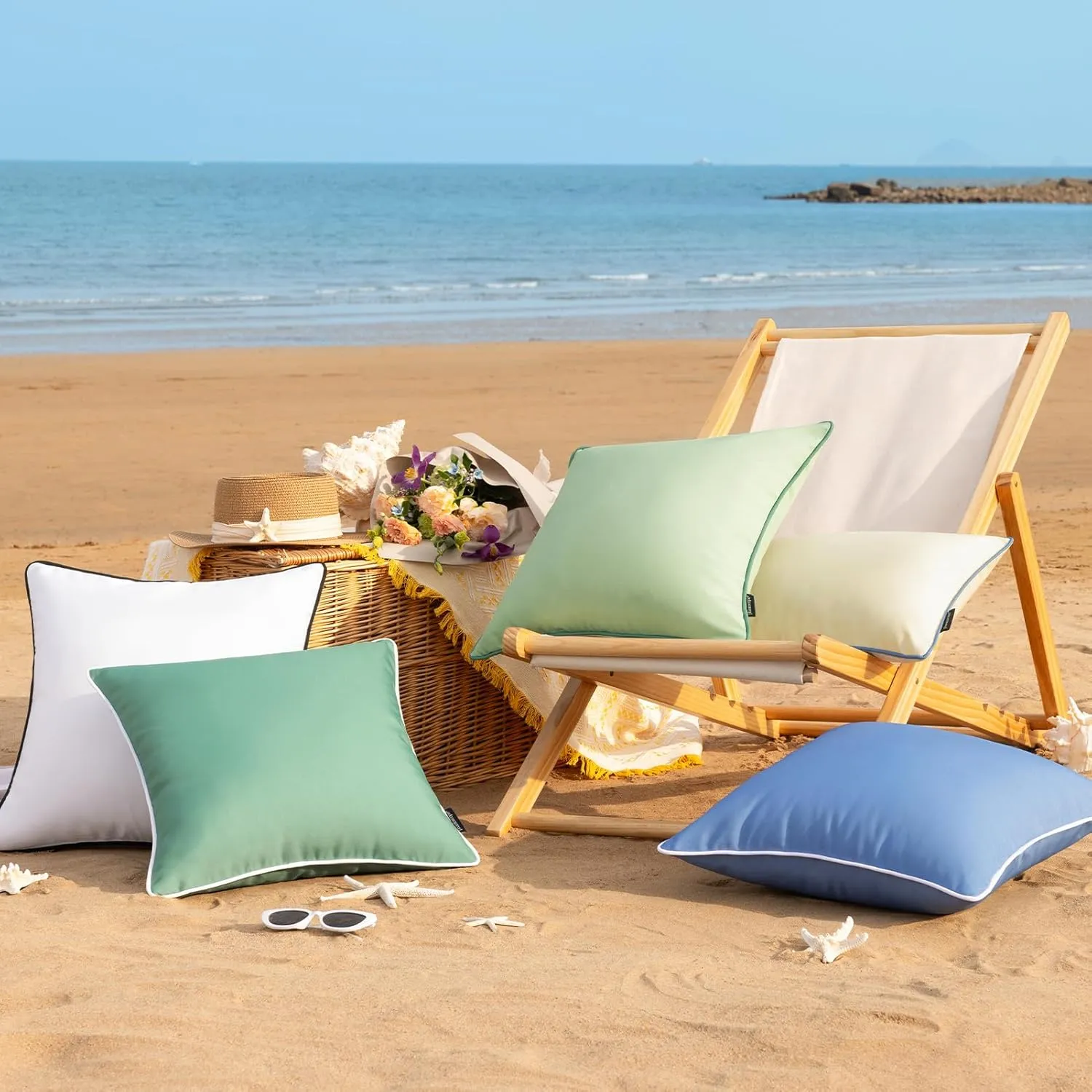 Phantoscope Pack of 2 Outdoor Waterproof Throw Pillow Covers with Contrast Piping, Decorative Square Cushion Case Patio Pillows for Couch Tent Sunbrella, Light Beige 20x20 inches