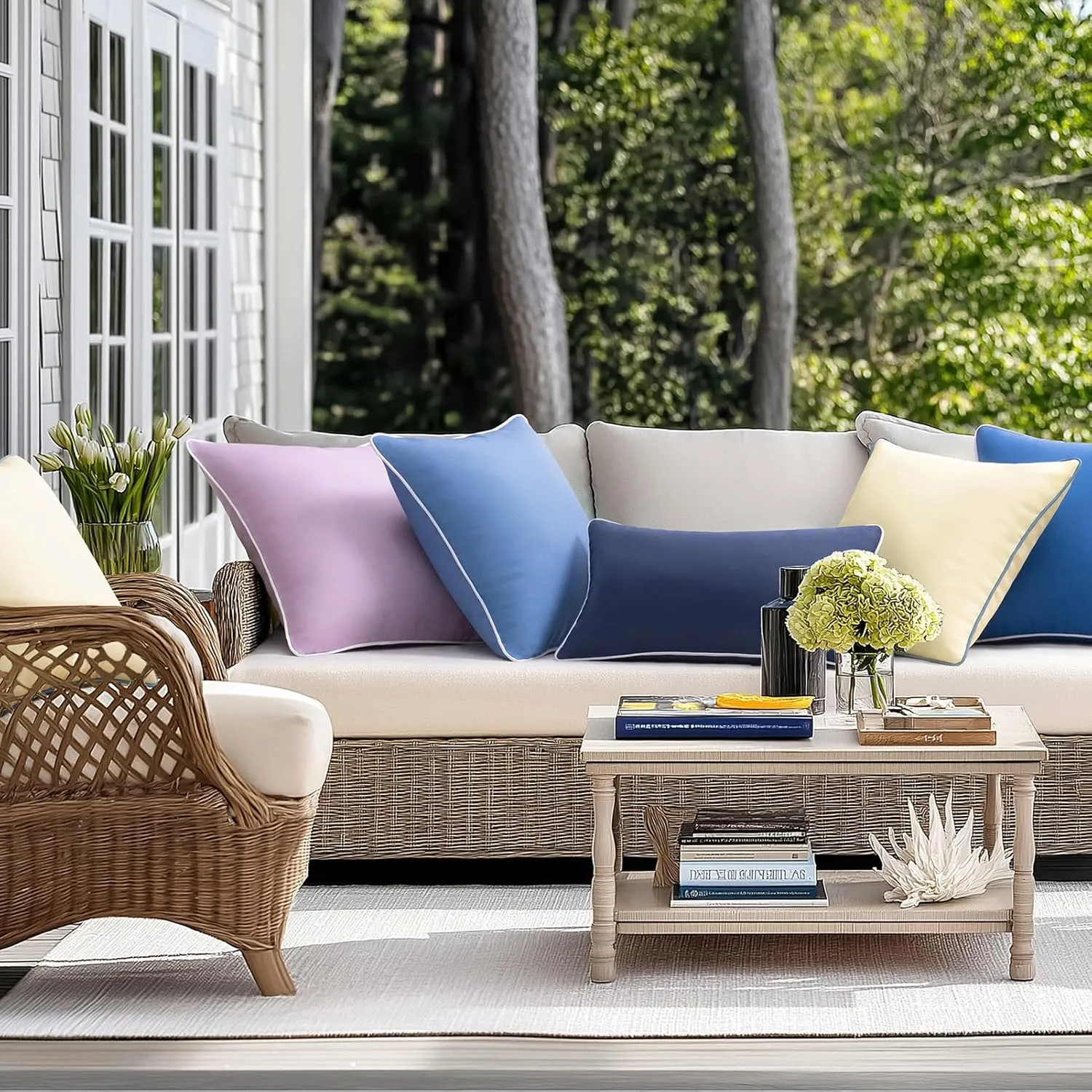 Phantoscope Pack of 2 Outdoor Waterproof Throw Pillow Covers with Contrast Piping, Decorative Square Cushion Case Patio Pillows for Couch Tent Sunbrella, Light Beige 20x20 inches