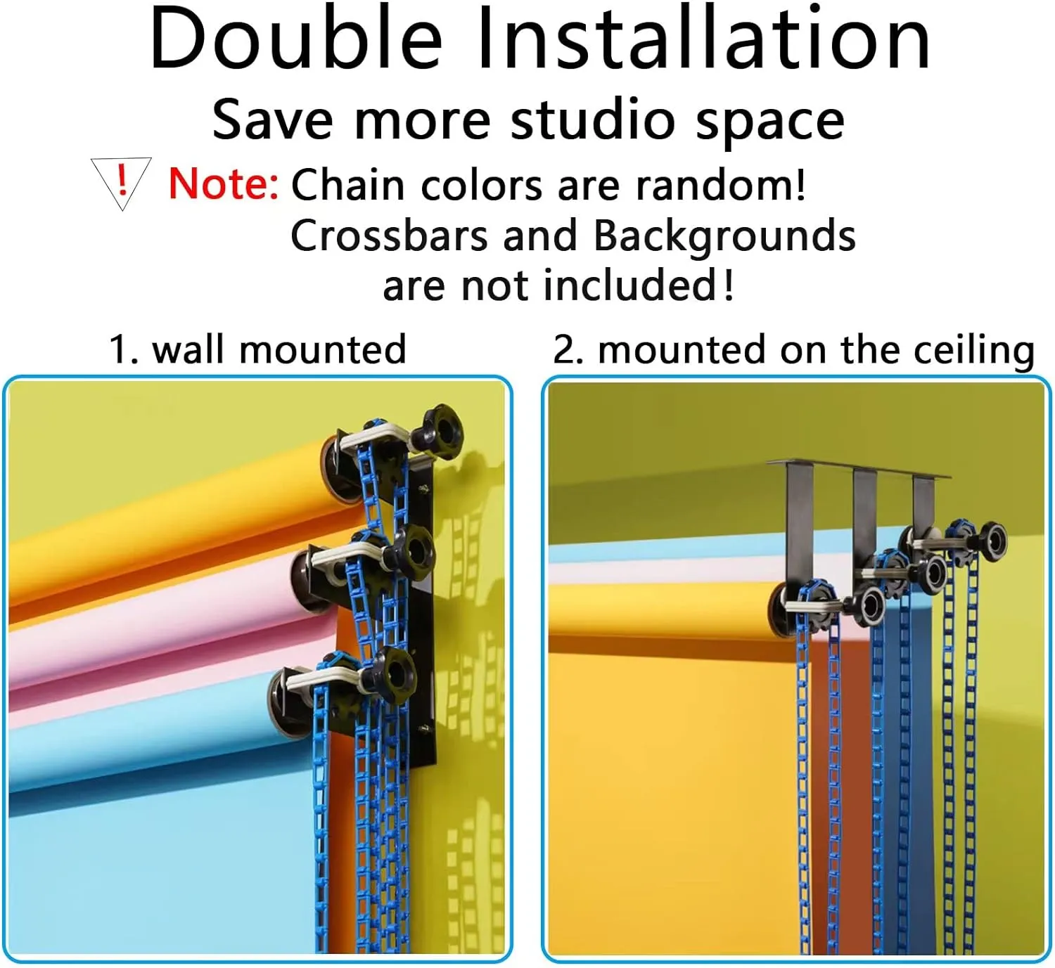 Photography Backdrop Wall Mount 3 Roller Support System, Manual Photo Background Ceiling Holder, Including 2 Tri-fold Hooks, 6 Expand Bars, 3 Chains, for Home Studio Live Stream Game Video