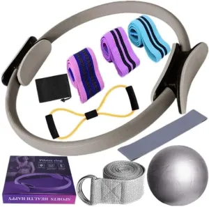 Pilates Essentials Kit for Women, 2025 New Betters-M- Pilates Rings Booty Bands Set, Yoga Ball 25cm Figure 8 Resistance Band Yoga Bands Portable Fitness Equipment for Stretching (Gray 1set)