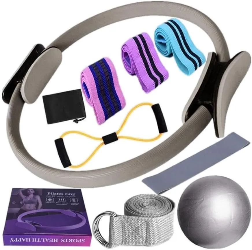 Pilates Essentials Kit for Women, 2025 New Betters-M- Pilates Rings Booty Bands Set, Yoga Ball 25cm Figure 8 Resistance Band Yoga Bands Portable Fitness Equipment for Stretching (Gray 1set)