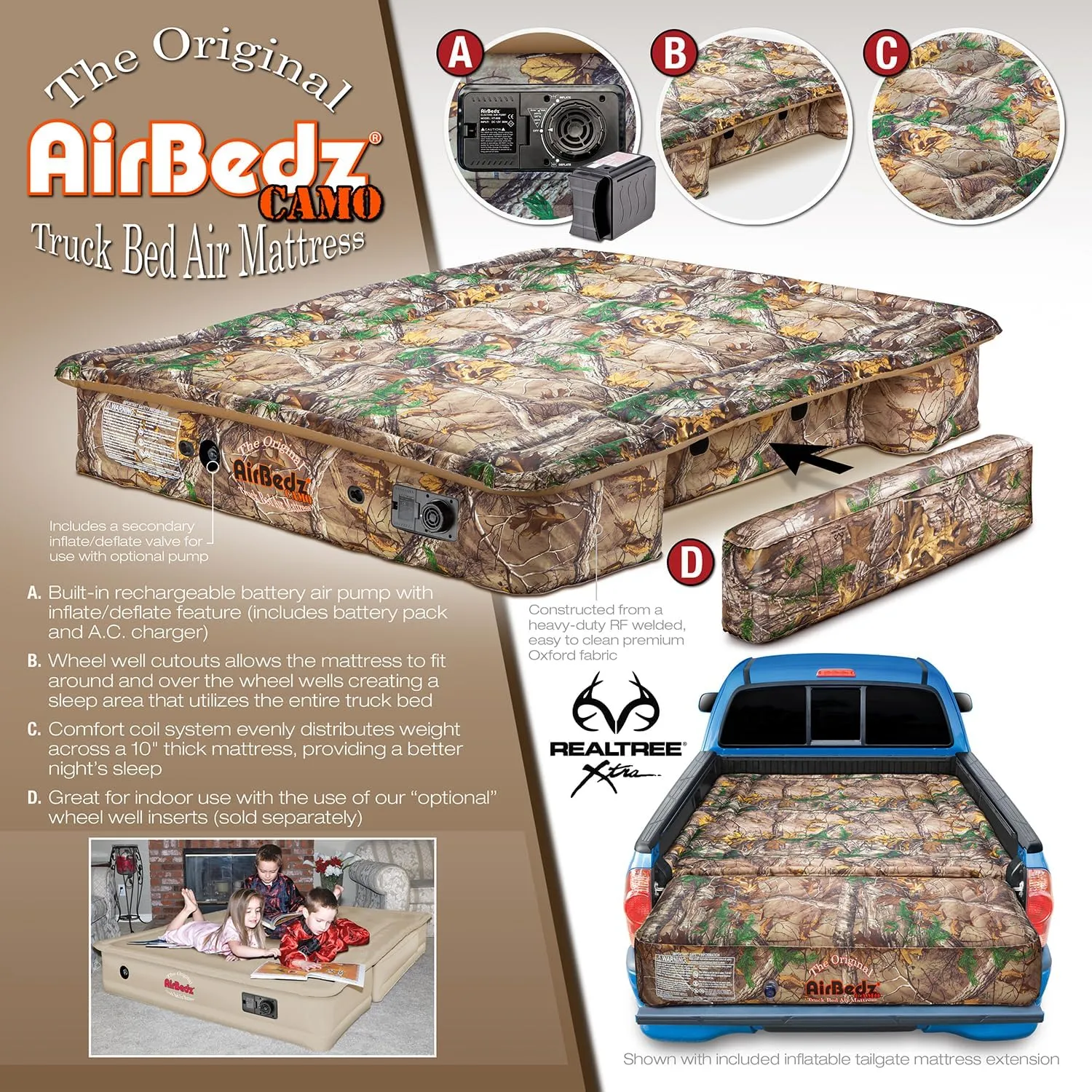 Pittman Outdoors AirBedz Mid-Size, Short Bed Truck Bed Air Mattress - 6-6.5' Long, Built-in Rechargeable Battery Air Pump, Realtree Camo, Carry Bag, Patch Kit, 73"x 55"x 12".