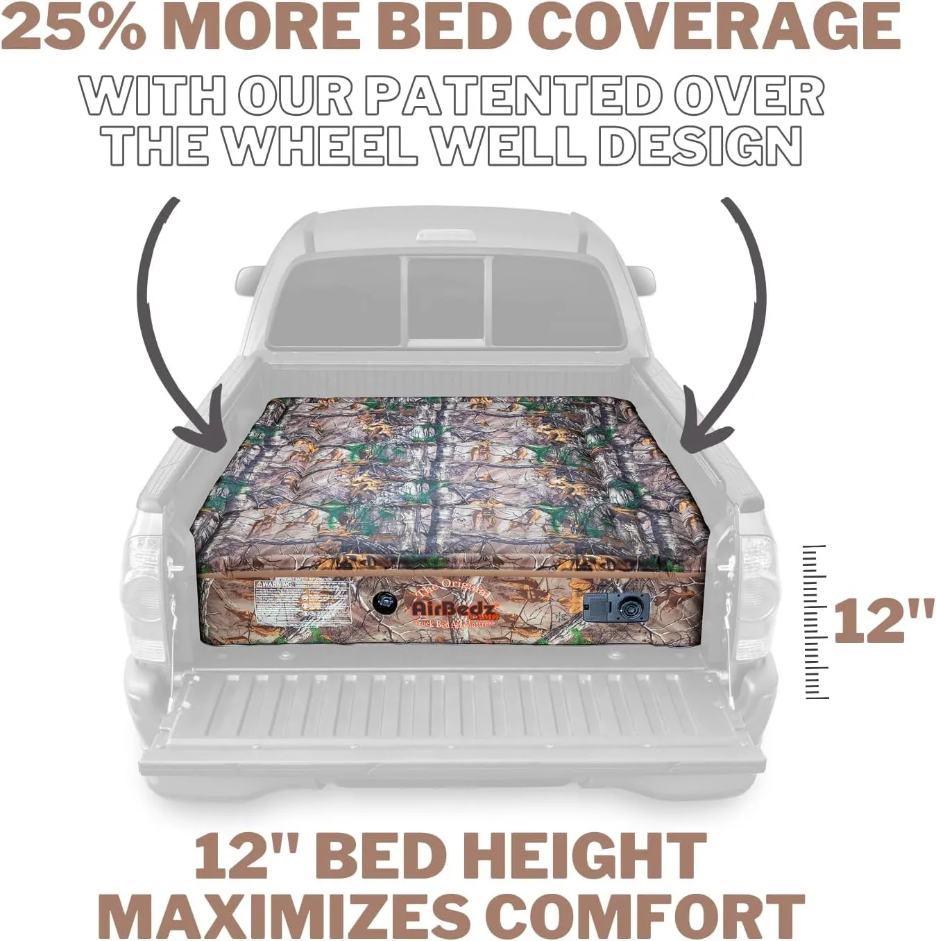 Pittman Outdoors AirBedz Mid-Size, Short Bed Truck Bed Air Mattress - 6-6.5' Long, Built-in Rechargeable Battery Air Pump, Realtree Camo, Carry Bag, Patch Kit, 73"x 55"x 12".