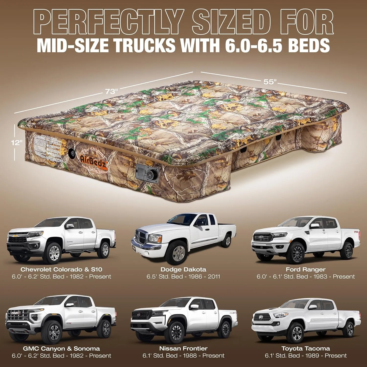 Pittman Outdoors AirBedz Mid-Size, Short Bed Truck Bed Air Mattress - 6-6.5' Long, Built-in Rechargeable Battery Air Pump, Realtree Camo, Carry Bag, Patch Kit, 73"x 55"x 12".