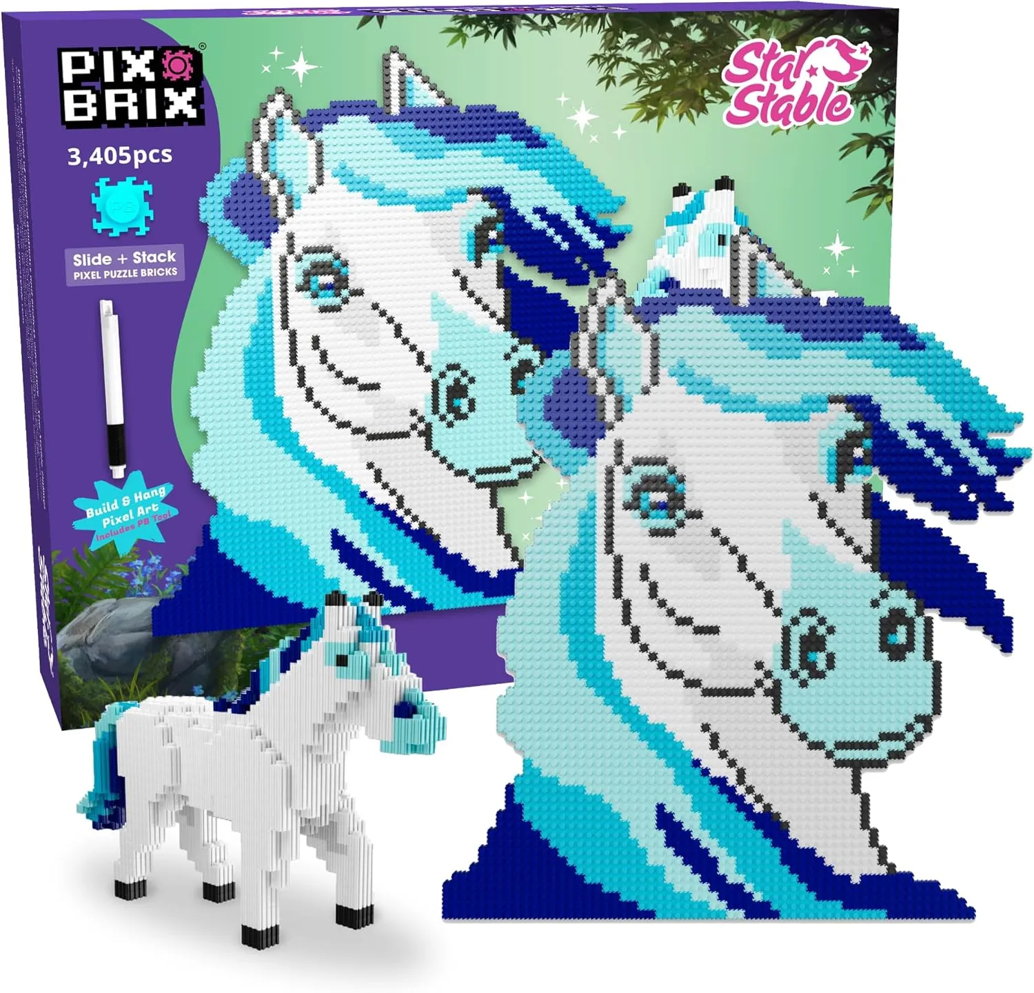 Pix Brix Pixel Art Puzzle Bricks - Star Stable’s Starshine, 3,405 Pieces - Interlocking Building Bricks, Pixelate Your Favorite Horse in 2D or 3D Version - Stem Toys, Ages 6 Plus