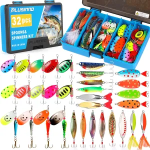 PLUSINNO Fishing Lures Spinner baits for Bass - 16/32 pcs Spinner Lures Kit with Portable Carry Bag, Hard Metal Spinner Baits for Trout