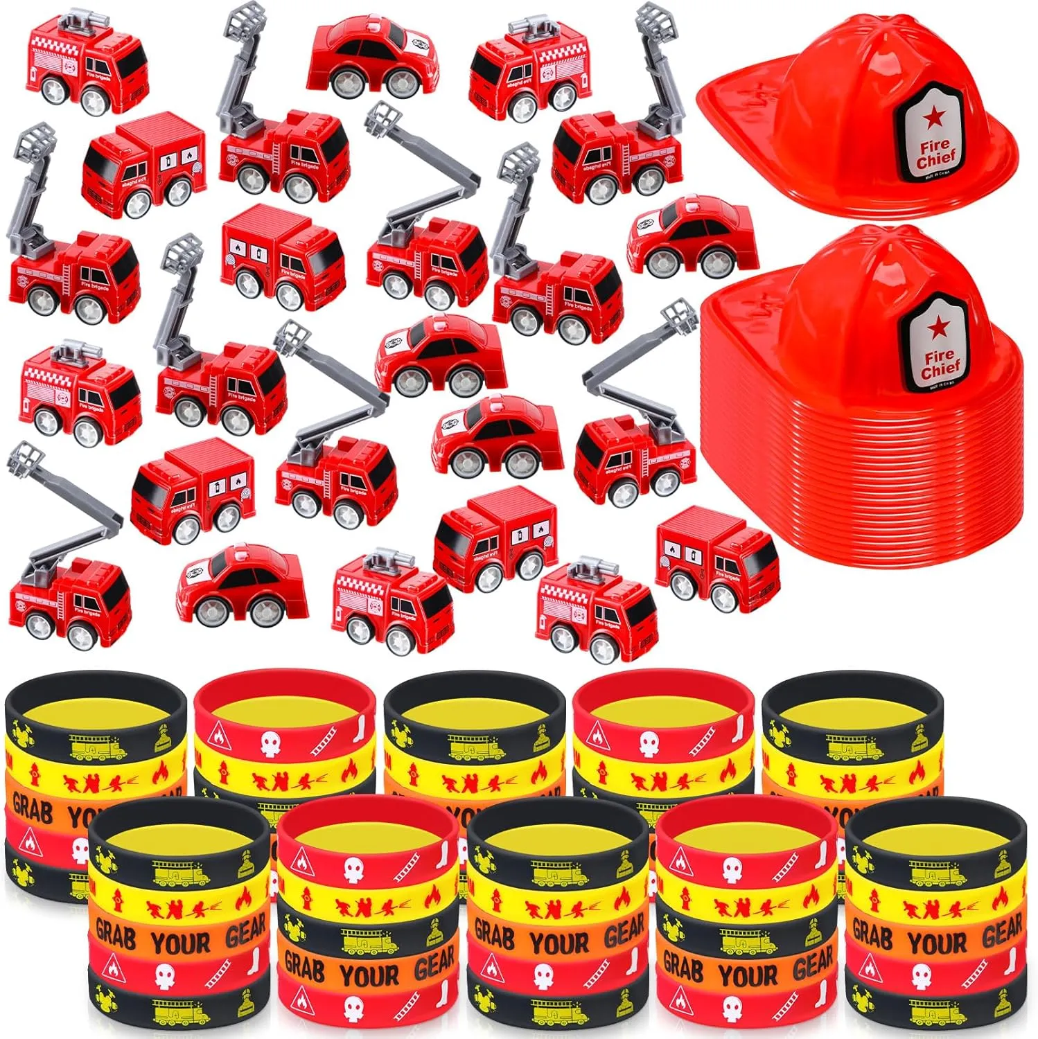 Poen 100 Pieces Mini Fire Engine Toy Trucks Firefighter Chief Soft Plastic Hat Silicone Bracelets Firefighter Birthday Party Supplies Fire Truck Toy Party Favor for Kids Boys Girls