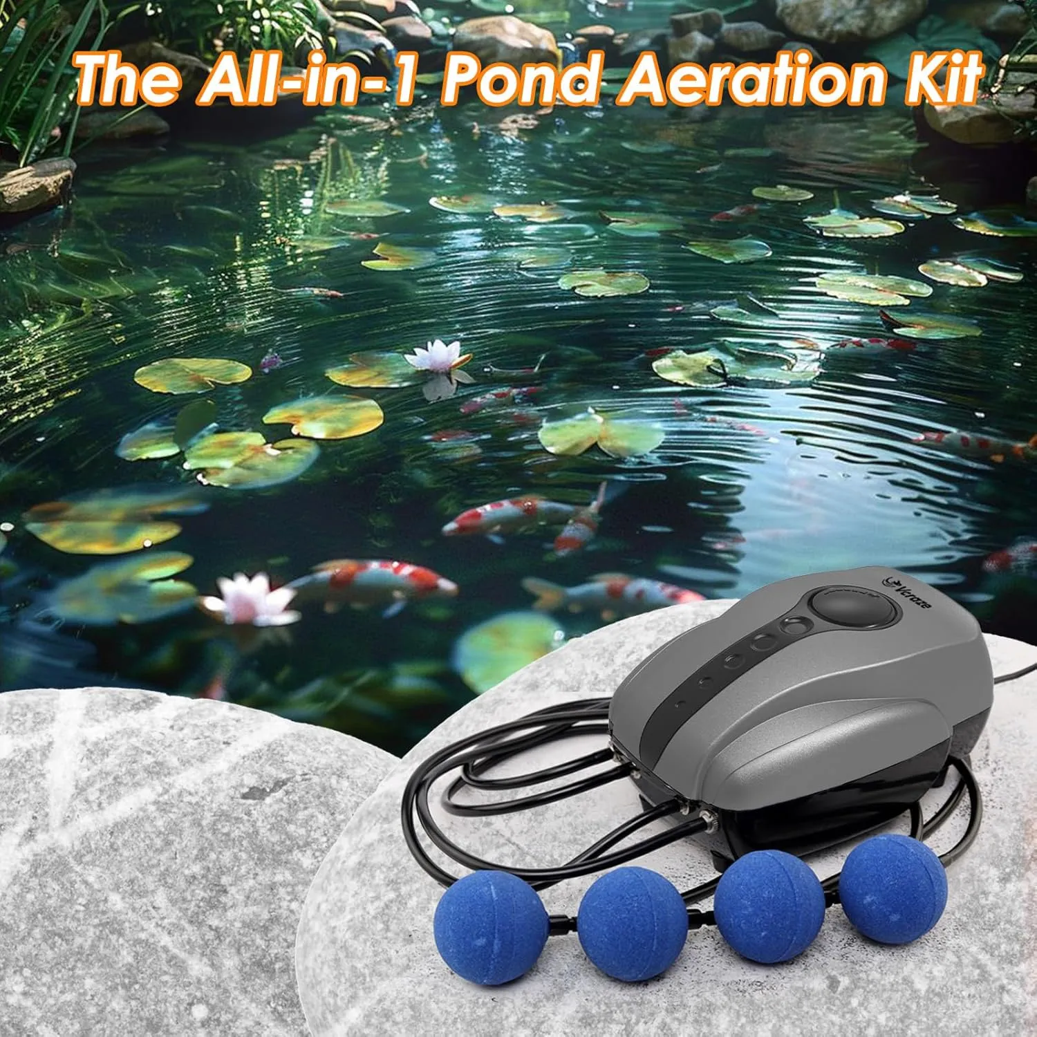 Pond Aerator Pump with Check Valves Air Stones Airline Tubing, All-in-1 Pond Air Pumps for Outdoor Ponds