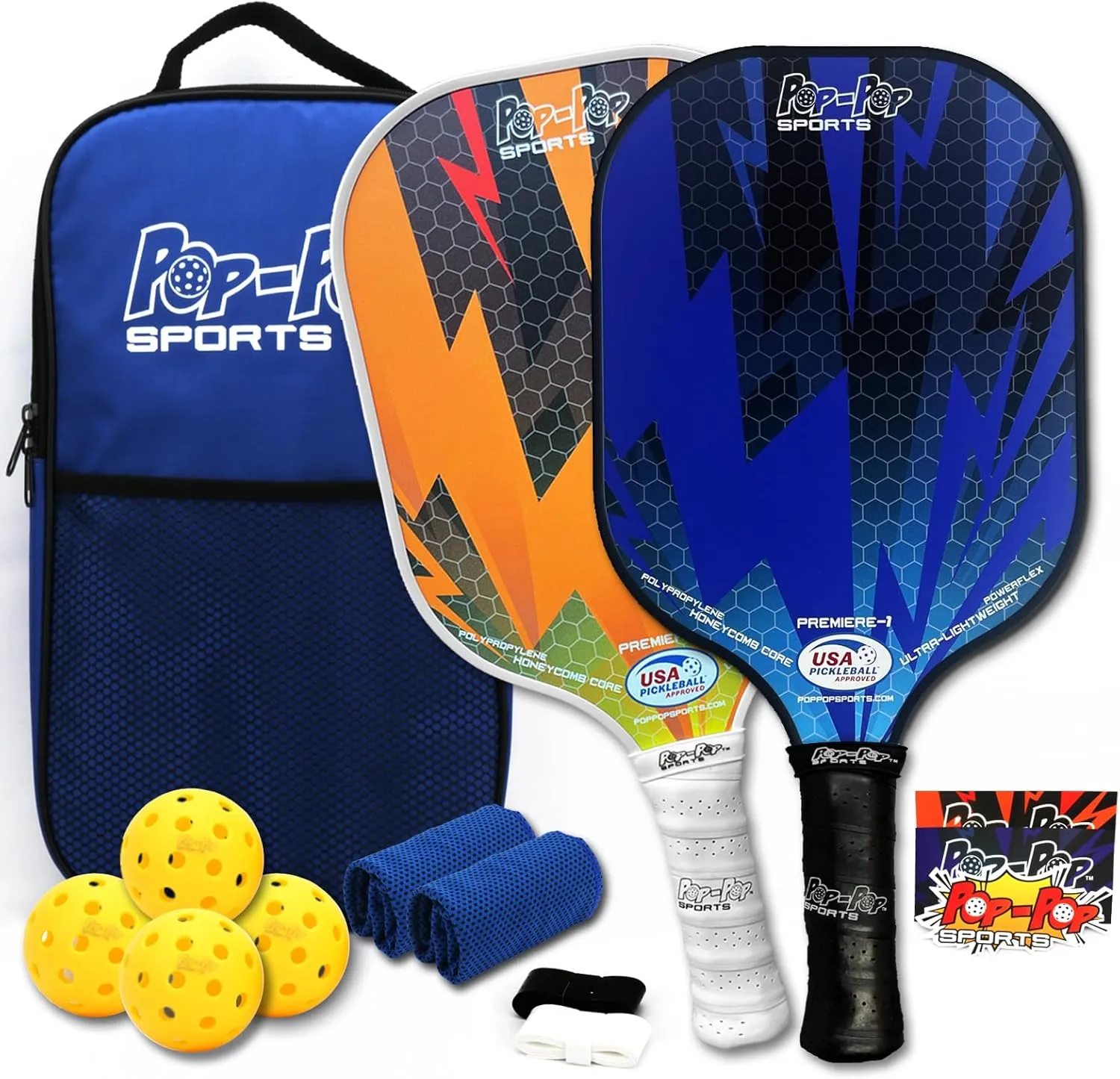 Pop-Pop Sports Pickleball Set, 2 Premium Fiberglass Paddles, 4 Balls, Carrying Bag, USAPA Approved