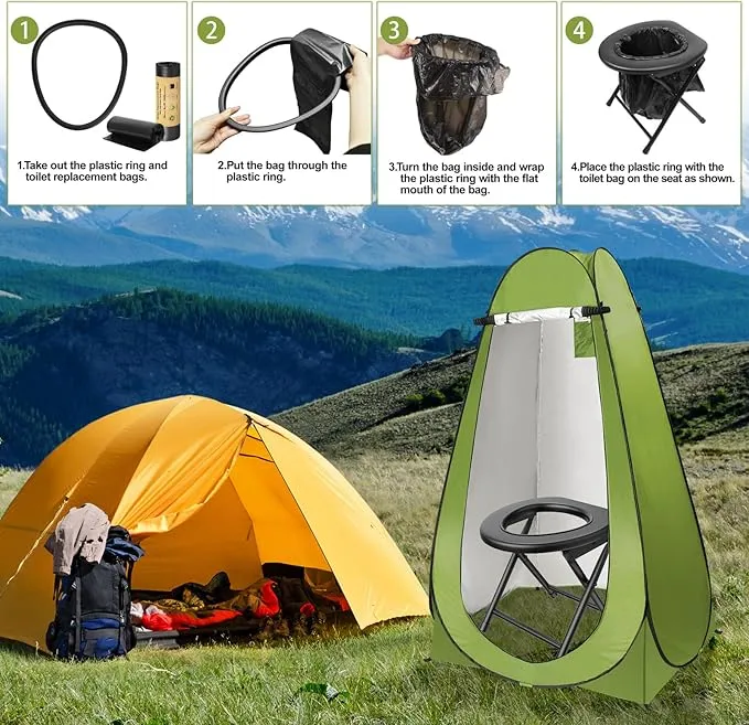 Portable Toilet Kit for Adults, Foldable Portable Camping Toilet with Pop up Privacy Tent, 300LBS Washable Instant Portable Toilet Set, Outdoor Camping Shower Tents Changing Room