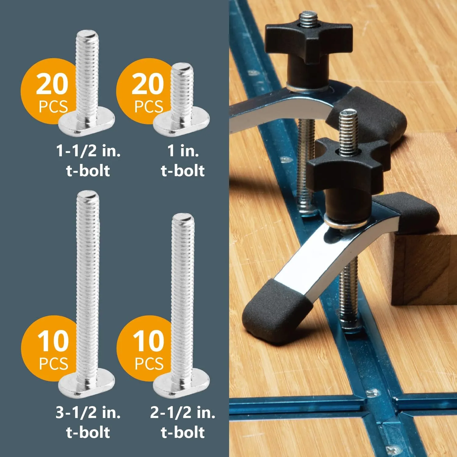 POWERTEC 71128 128 Piece Set T-Track Knob Kit, 5/16"-18 Threaded Bolts and Washers, T Track Bolts, T Track Accessories for Woodworking Jigs and Fixtures
