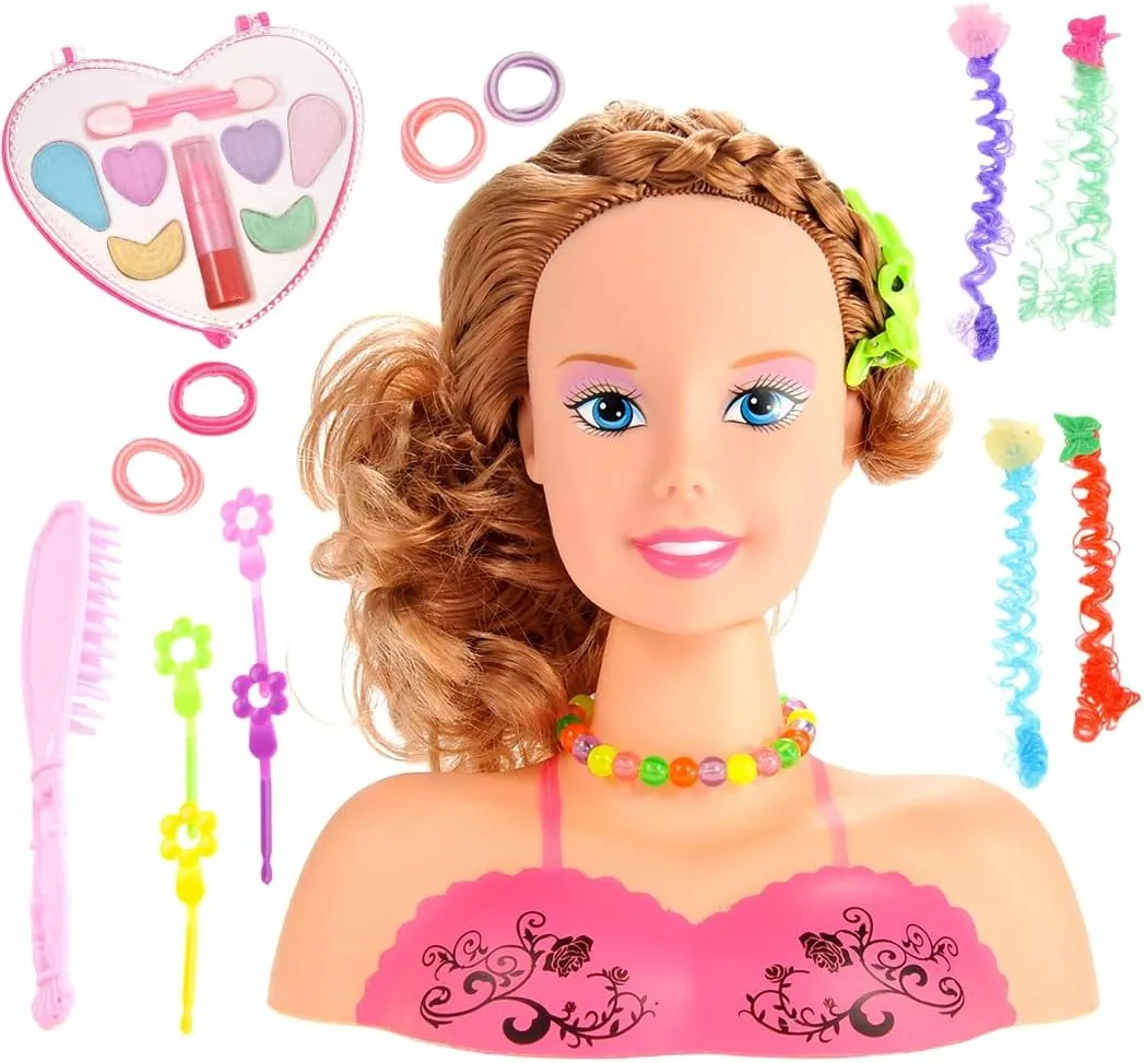 PowerTRC Makeup Doll Head for Hair Styling Kids Toy Kit - Washable Cosmetic Pretend Play Set with Fashion Accessories, Make up Doll for Girls Hair Dresser