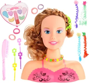 PowerTRC Makeup Doll Head for Hair Styling Kids Toy Kit - Washable Cosmetic Pretend Play Set with Fashion Accessories, Make up Doll for Girls Hair Dresser