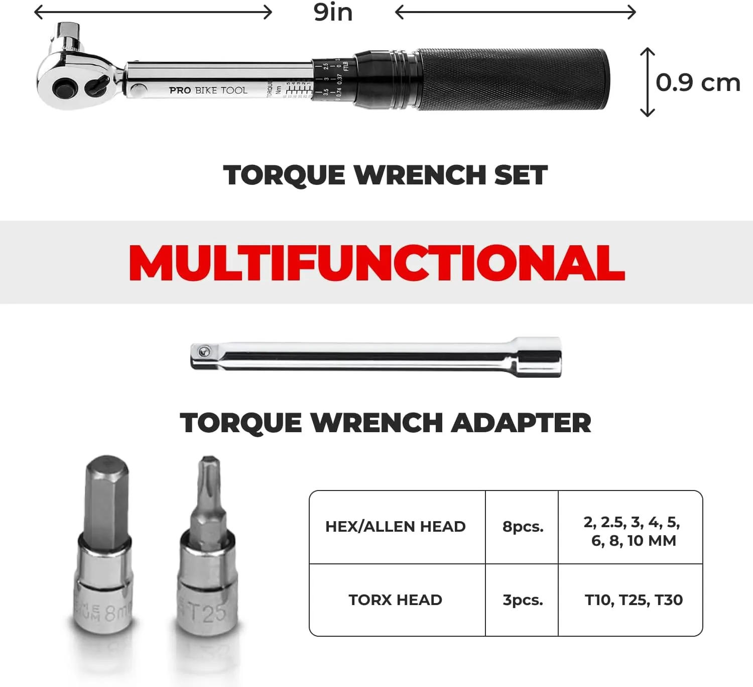 PRO BIKE TOOL Torque Wrench Set for Bikes - High-Precision 1/4 Torque Wrench with Adjustable Torque Range 2 to 20 Nm - Complete Tool Set with Allen and Torx Bits - Durable, Compact Case