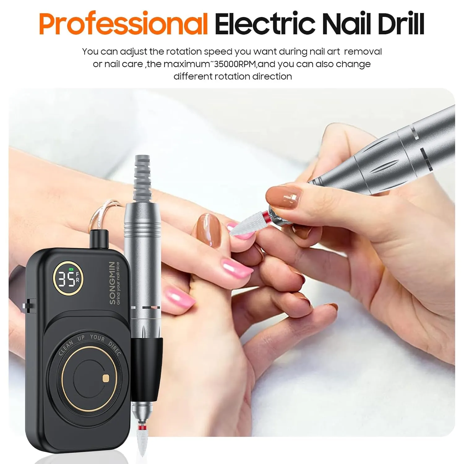 Professional Nail Drill 35000 RPM,SONGMIN Portable Cordless Efile with Bits Kit for Acrylic Nails Gel Polishing Removing,Rechargeable Electric Nail File Machine for Manicure,Pedicure Salon Home,Black