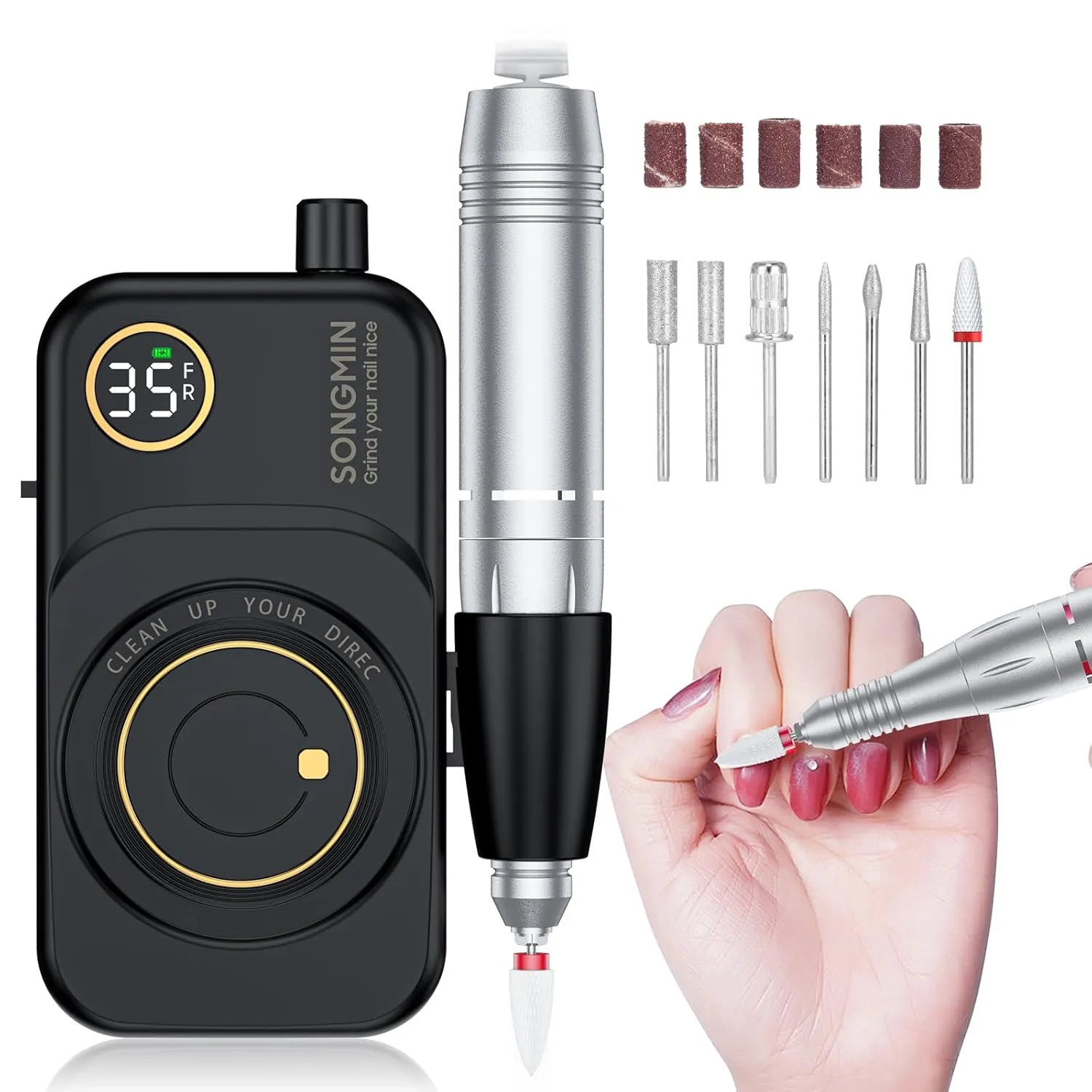 Professional Nail Drill 35000 RPM,SONGMIN Portable Cordless Efile with Bits Kit for Acrylic Nails Gel Polishing Removing,Rechargeable Electric Nail File Machine for Manicure,Pedicure Salon Home,Black