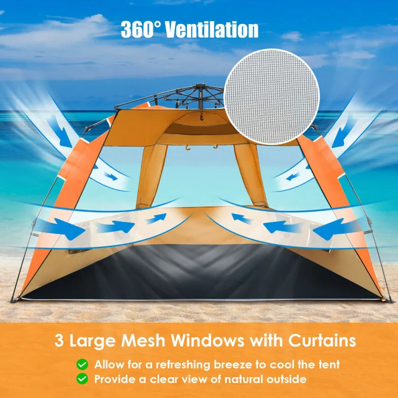 Professional title: "Portable Sun Shelter with UPF 50  Protection for 3-4 People - Easy Pop Up Beach Tent in Orange"