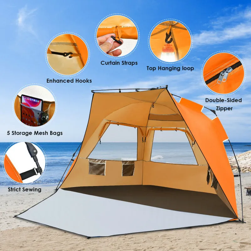 Professional title: "Portable Sun Shelter with UPF 50  Protection for 3-4 People - Easy Pop Up Beach Tent in Orange"