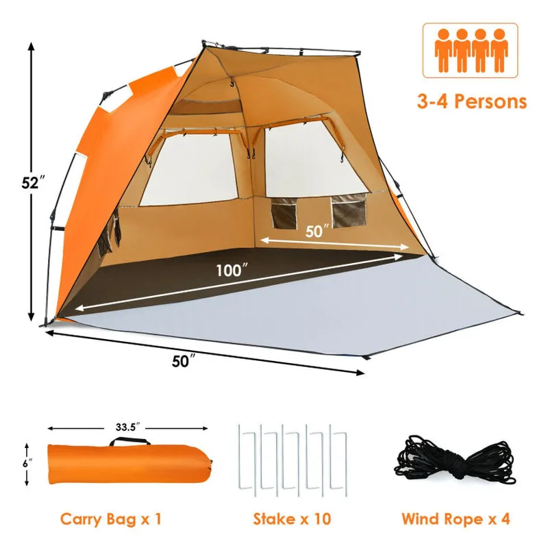 Professional title: "Portable Sun Shelter with UPF 50  Protection for 3-4 People - Easy Pop Up Beach Tent in Orange"