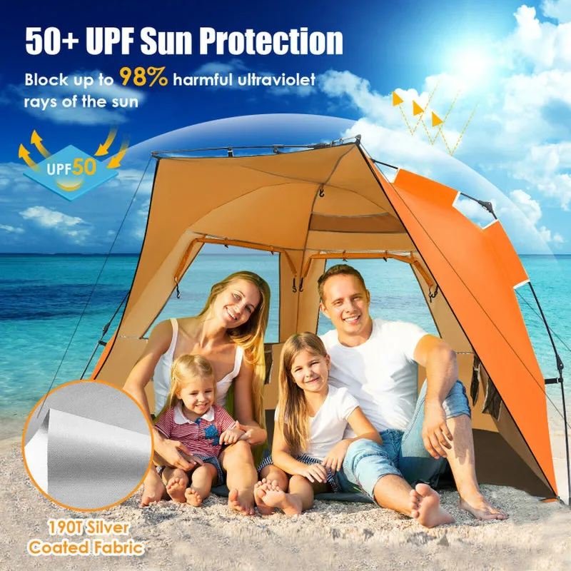 Professional title: "Portable Sun Shelter with UPF 50  Protection for 3-4 People - Easy Pop Up Beach Tent in Orange"