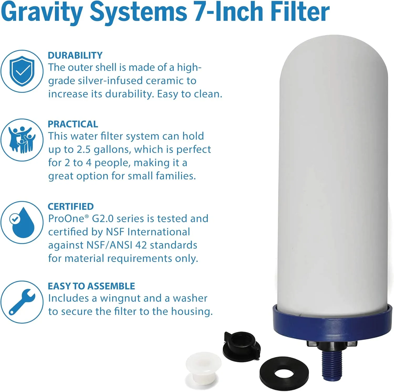 ProOne G-Series 7-Inch Gravity Filter Replacement 1-Pack - Universally Compatible with Gravity Water Filtration Systems - NSF/ANSI Certified to Reduce Lead, Microplastics, & Total PFAS (1-Pack)