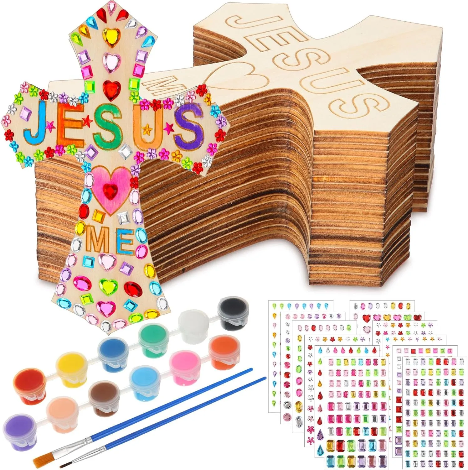 PullCrease DIY Wood Cross Crafts for Kids Religious Craft Kit Sunday School Vacation Bible School Supplies 24 Pack Wooden Cross with Stickers 1 Set Paint(Stylish Style)