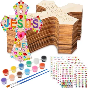 PullCrease DIY Wood Cross Crafts for Kids Religious Craft Kit Sunday School Vacation Bible School Supplies 24 Pack Wooden Cross with Stickers 1 Set Paint(Stylish Style)