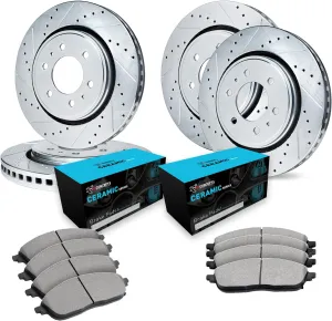 R1 Concepts Front and Rear Brakes and Rotors| Drilled Slotted Brake Rotors| Front and Rear Ceramic Brake Pads and Rotors Kit| Automotive Replacement Brake Kits