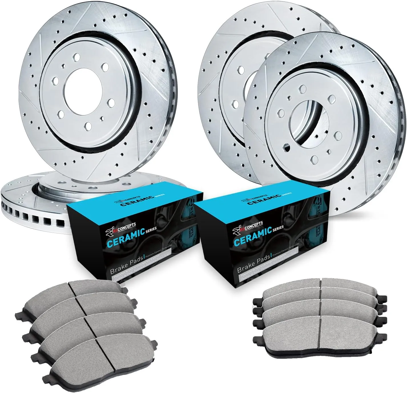 R1 Concepts Front and Rear Brakes and Rotors| Drilled Slotted Brake Rotors| Front and Rear Ceramic Brake Pads and Rotors Kit| Automotive Replacement Brake Kits