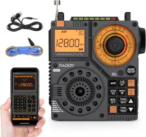 Raddy RF320 APP Control Shortwave Radio, AIR/FM/AM/VHF/SW/WB Receiver, Portable Radio Rechargeable w/ 9.85 Ft Wire Antenna (Black)