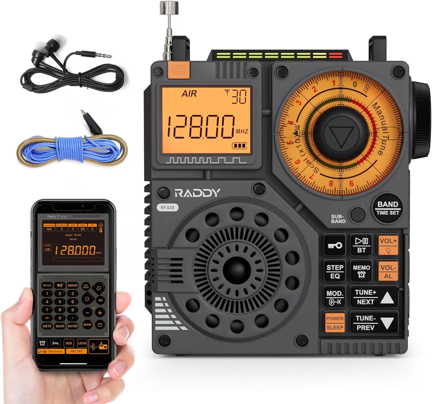 Raddy RF320 APP Control Shortwave Radio, AIR/FM/AM/VHF/SW/WB Receiver, Portable Radio Rechargeable w/ 9.85 Ft Wire Antenna (Black)