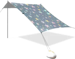 Rainbow Color Star Pattern Designed UPF50  Foldable Beach Canopy Easy Setup Large Sun Shelter with Sandbags, Sand Shovel, Poles for Camping, Picnics, Backyard & Fishing casita de Playa para