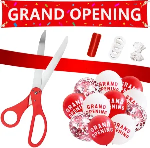 Red Grand Opening Ribbon Cutting Ceremony Kit with 25" Giant Scissors, 5Yd 4" Wide Ribbons, 10Ft Grand Opening Banner with Rope, 30 Pack Balloons Set with 3 Rolls 32Ft Ribbons