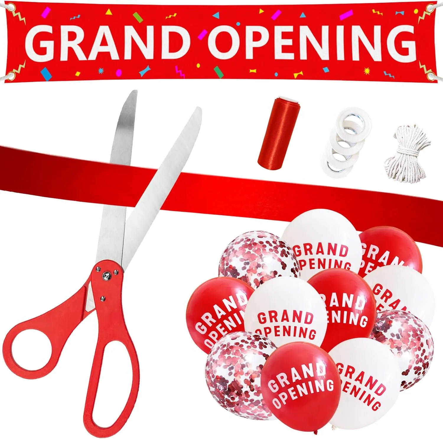 Red Grand Opening Ribbon Cutting Ceremony Kit with 25" Giant Scissors, 5Yd 4" Wide Ribbons, 10Ft Grand Opening Banner with Rope, 30 Pack Balloons Set with 3 Rolls 32Ft Ribbons