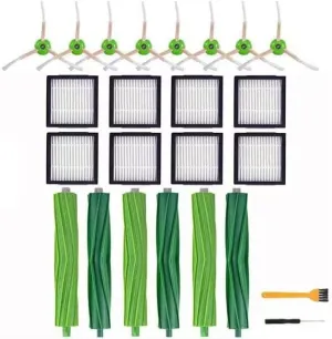 Replacement Parts for iRobot Roomba i3 i3  i4 i4  i6 i6 i7 i7  i8 i8  E5 E6 E7 &J7 J7  Vacuum Cleaner, 3 Set Rubber rolling brushes, 8 HEPA Filters, 8 Side Brushes, 1 Clean Brush, 1 Screwdriver