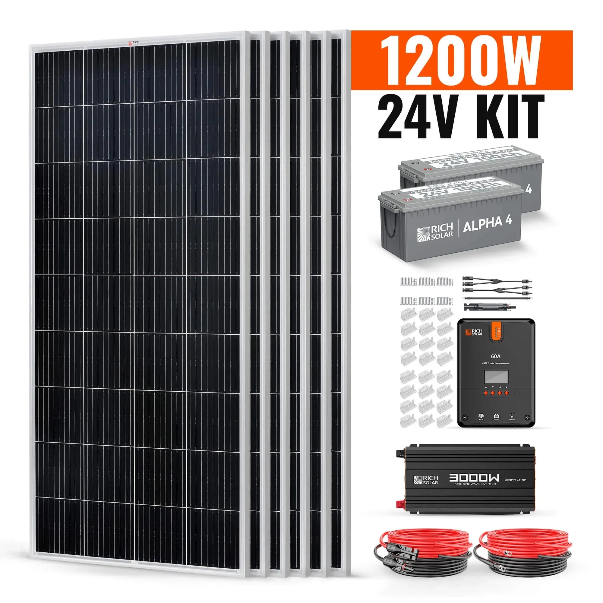 Rich Solar 6 Panel Complete Solar Kit |1200 Watt 24V| High-Efficiency Monocrystalline Panels | 60A MPPT Controller | 3000W Inverter | 200AH LB