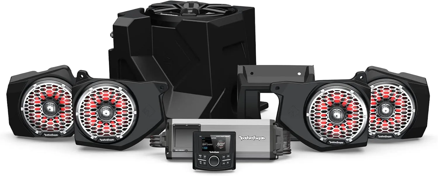Rockford Fosgate RNGR18-STG6 Audio Kit: PMX-3 Receiver, 1500-Watt Amp, M2 Series Color Optix Multicolor LED Lighted Front & Rear Speakers Plus Subwoofer for Select Polaris Ranger Models (2018-2022)