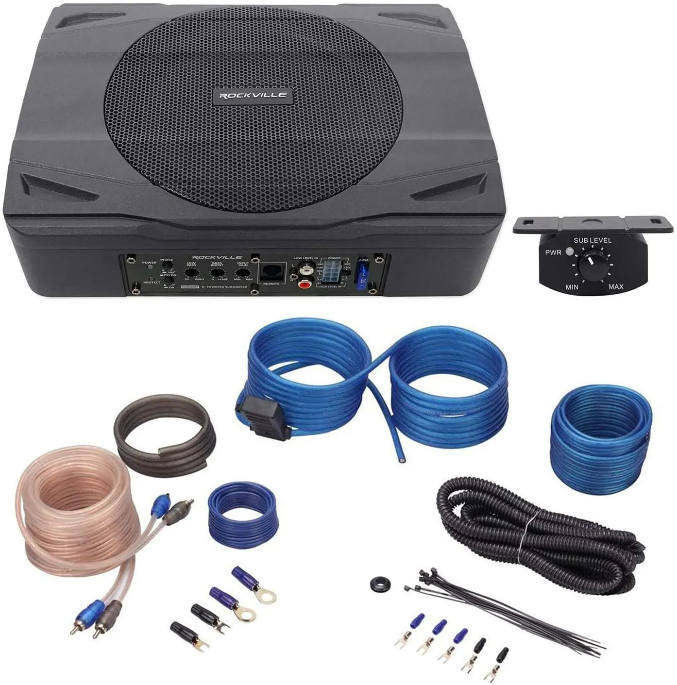Rockville SS8P 400 Watt Slim Under-Seat Powered Car/Truck Subwoofer Sub Amp Kit Black