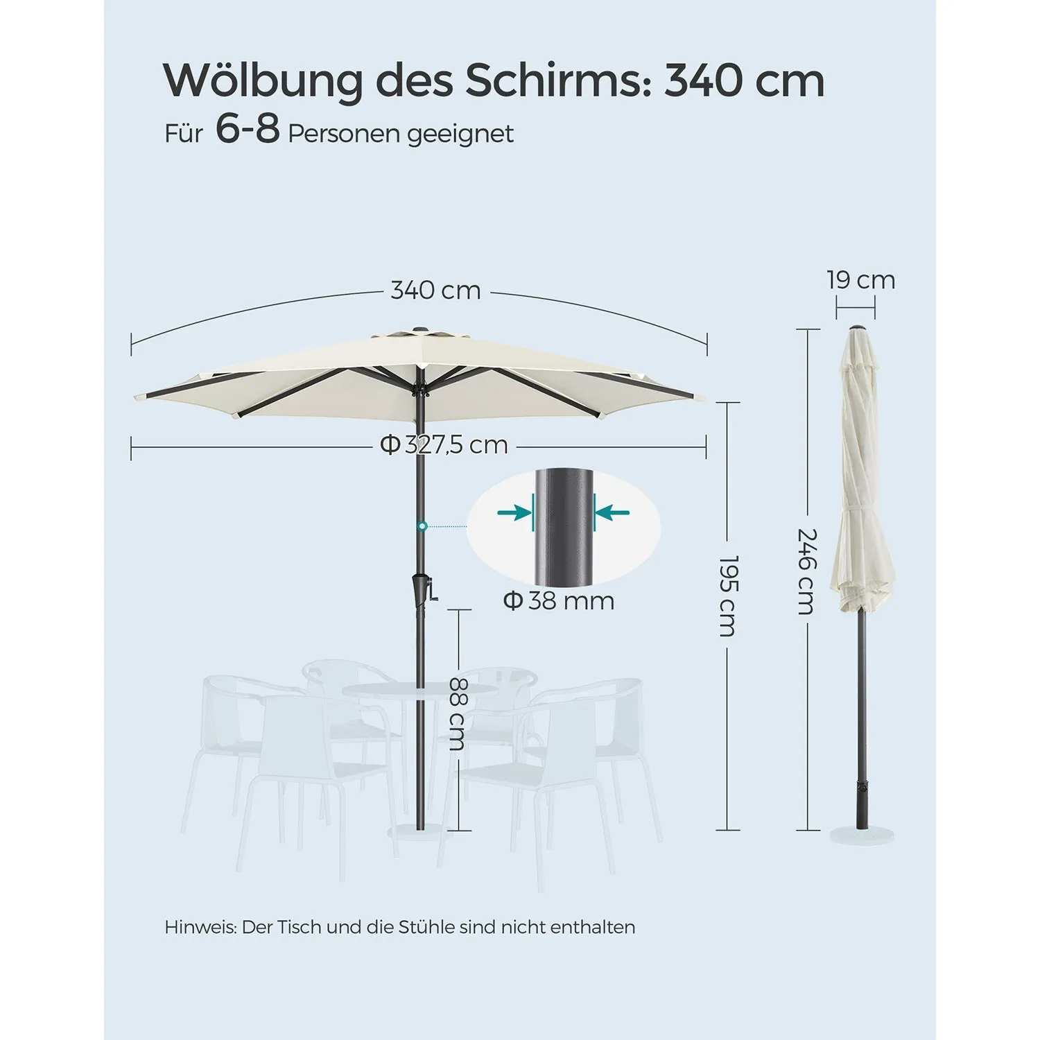 Rootz Brown Parasol - Patio Umbrella - Sun Shade - Adjustable 30° Tilt - 340cm Curve - 327.5cm Dia. - 246cm Height