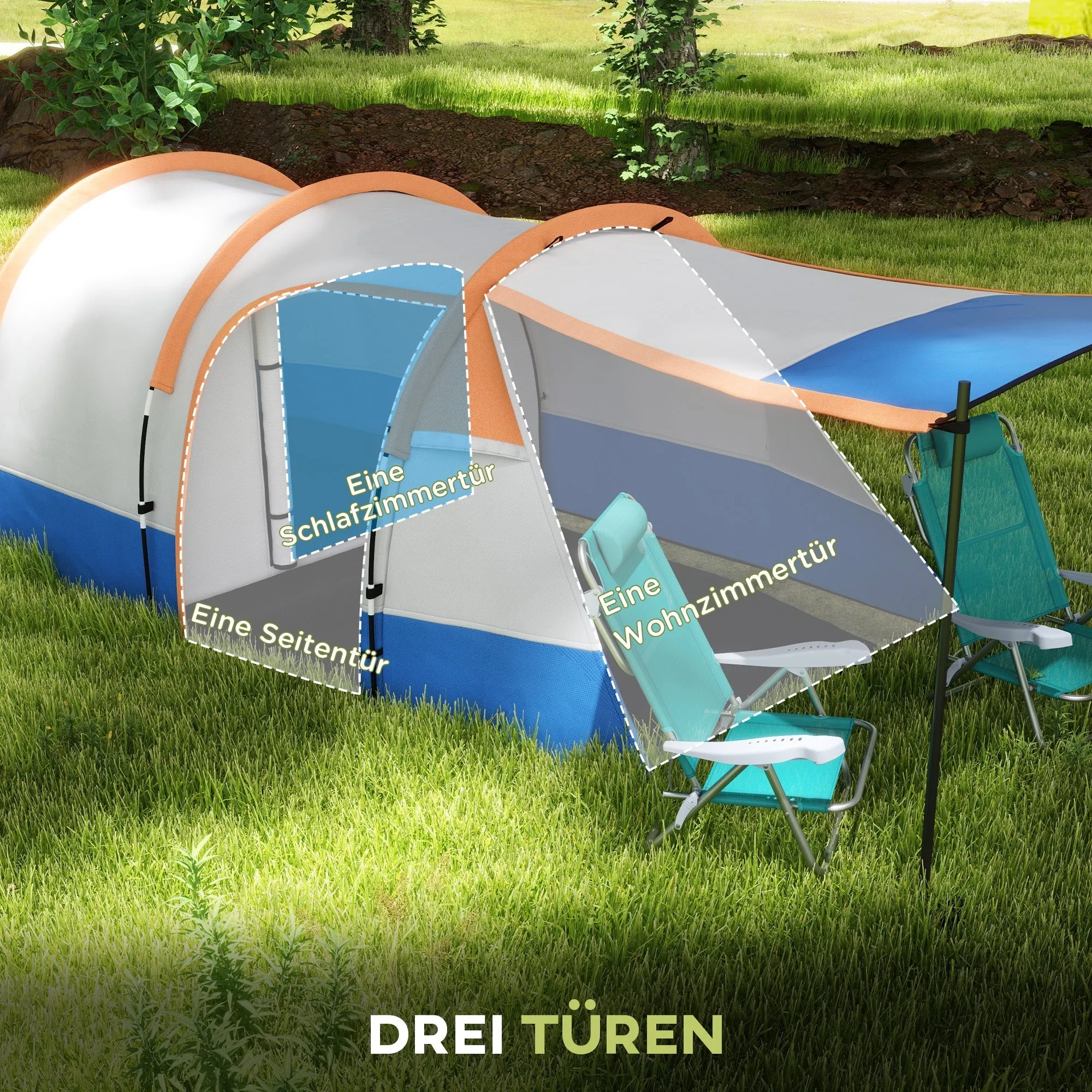 Rootz Camping Tent - Outdoor Shelter - Waterproof Tent - Lantern Hooks - Fits 3 People - 420cm x 200cm x 150cm - Orange