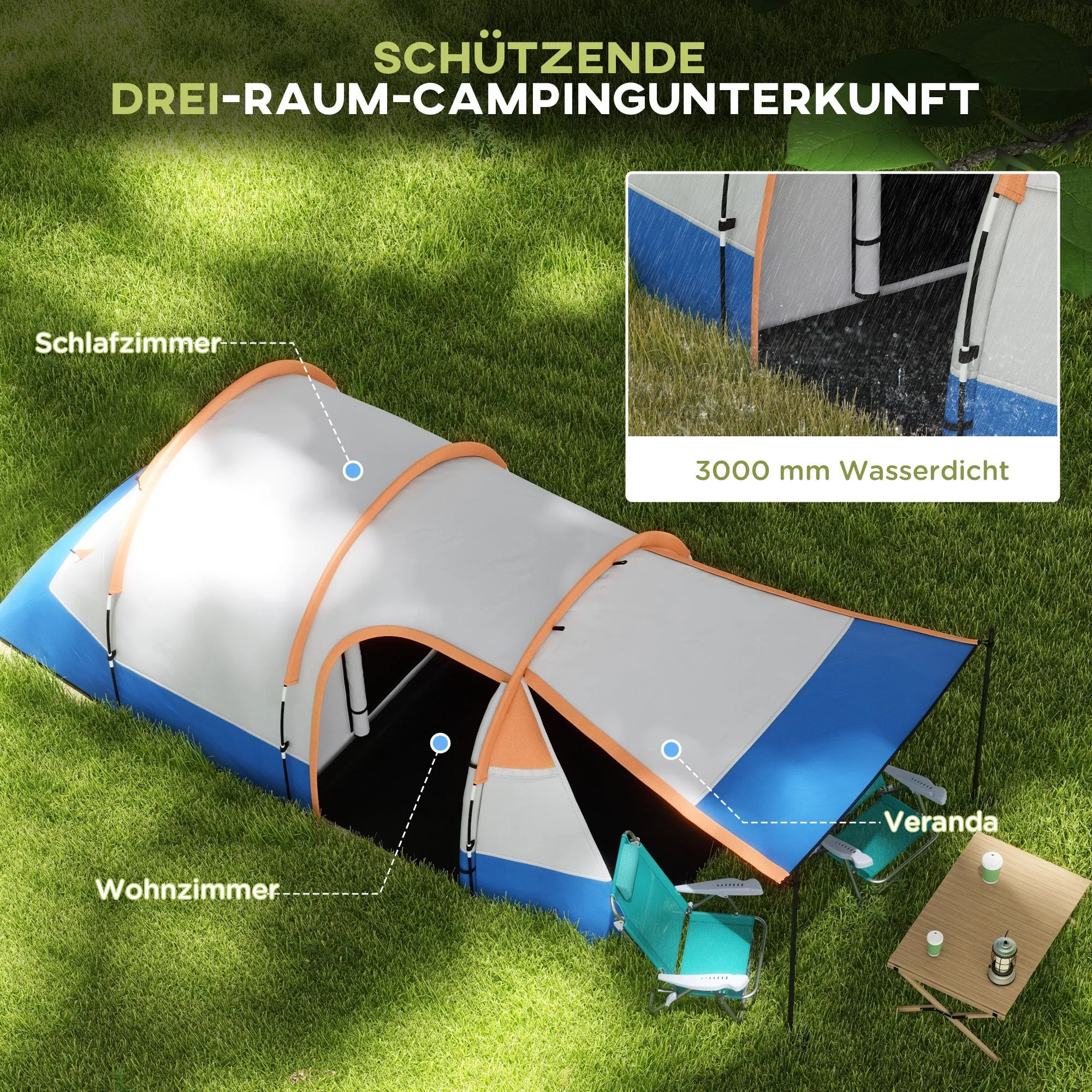 Rootz Camping Tent - Outdoor Shelter - Waterproof Tent - Lantern Hooks - Fits 3 People - 420cm x 200cm x 150cm - Orange