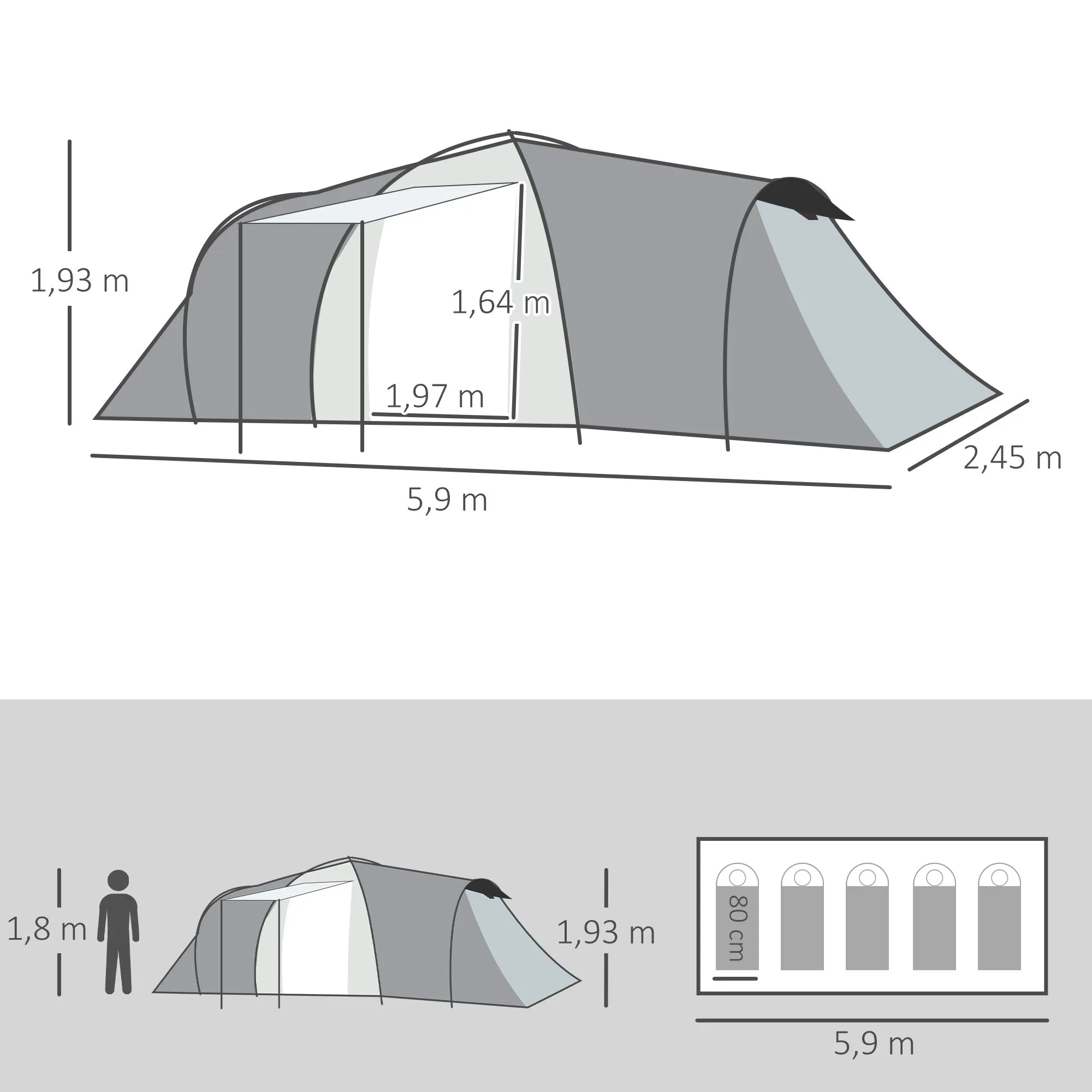 Rootz Family Camping Tent - Dome Shelter - Outdoor Canopy - UV Protection - 590cm x 245cm x 193cm