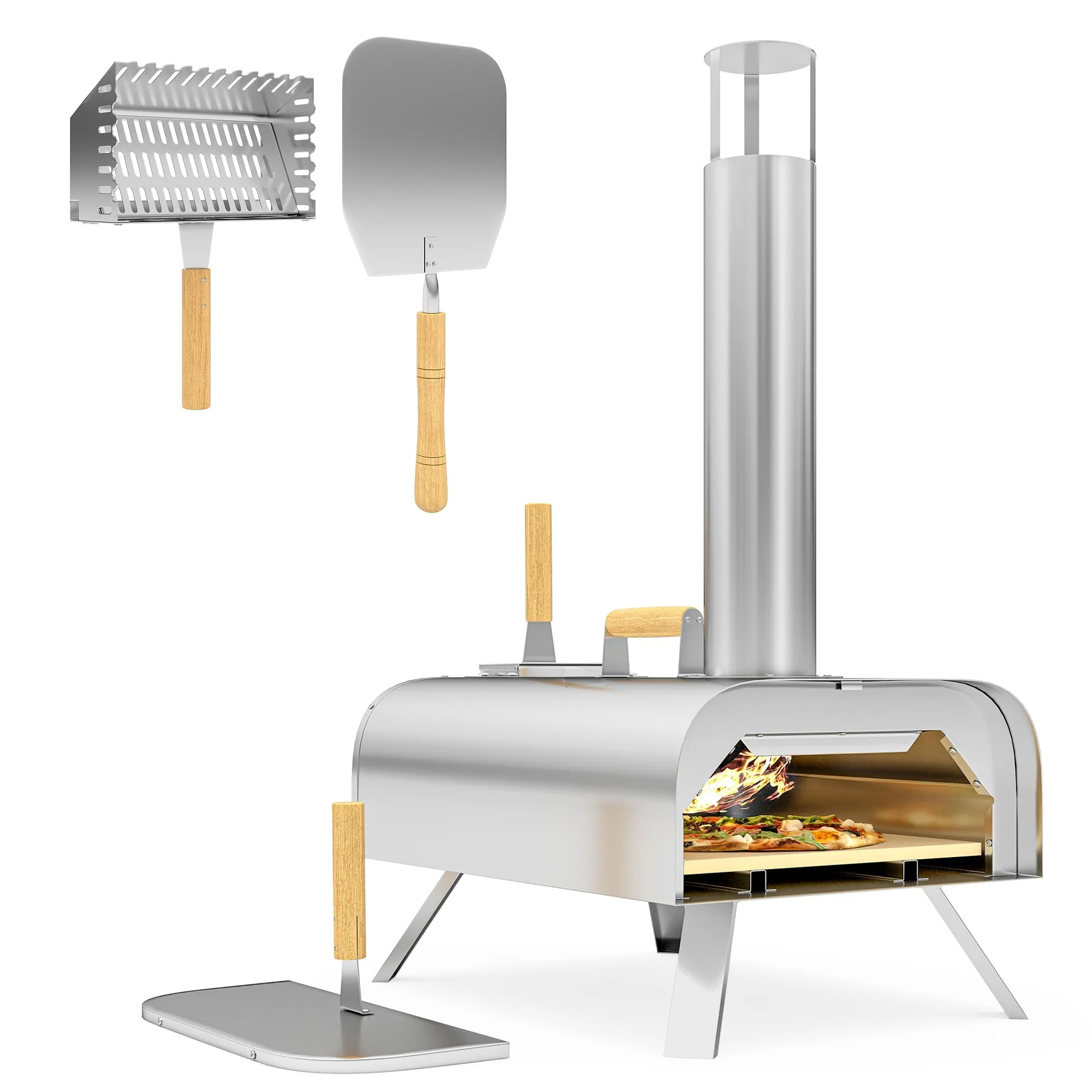 Rootz Outdoor Pizza Oven - Portable & Foldable - Stainless Steel - Enjoy Real Wood-Fired Pizza - 79x36x75cm with Pizza Stone & Shovel