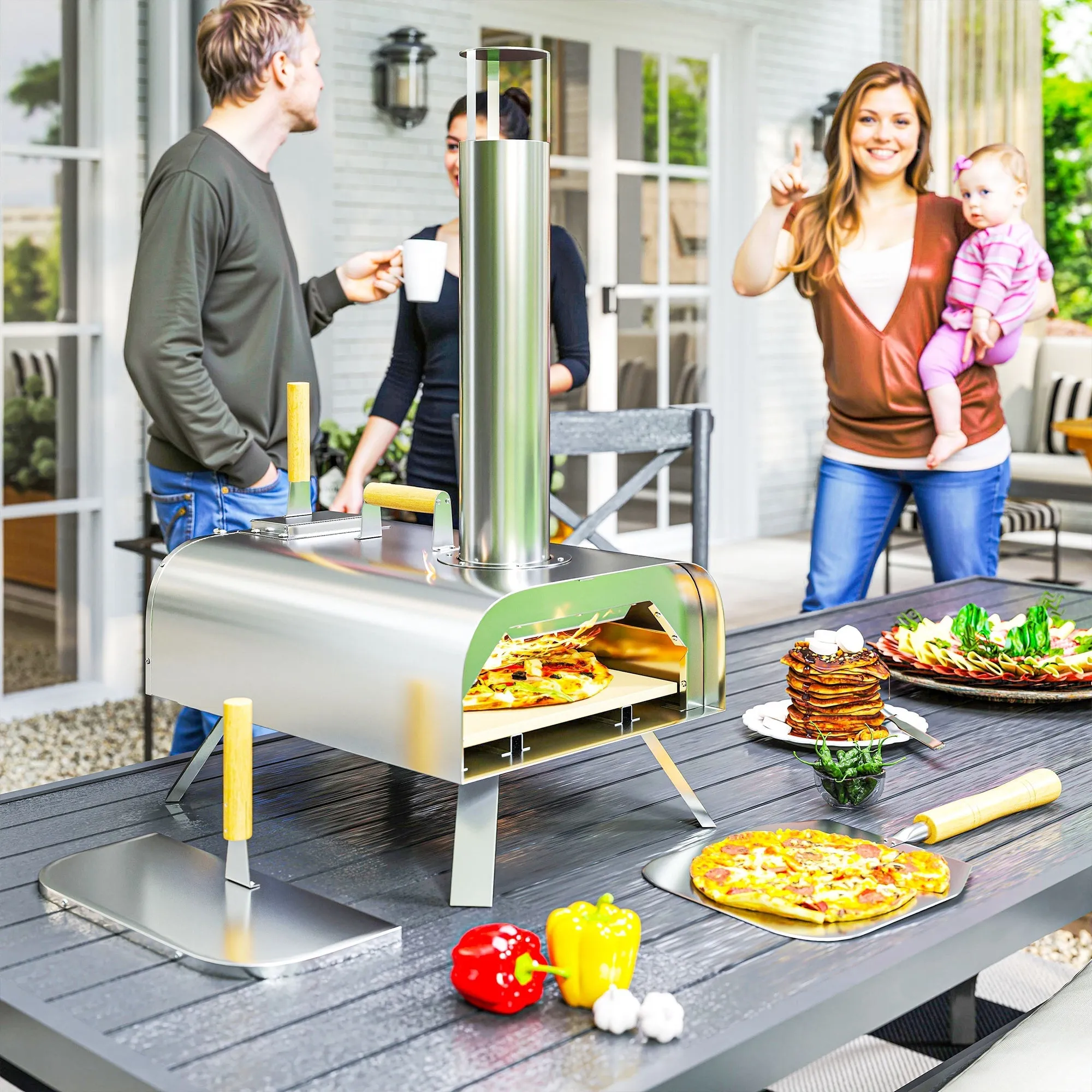 Rootz Outdoor Pizza Oven - Portable & Foldable - Stainless Steel - Enjoy Real Wood-Fired Pizza - 79x36x75cm with Pizza Stone & Shovel