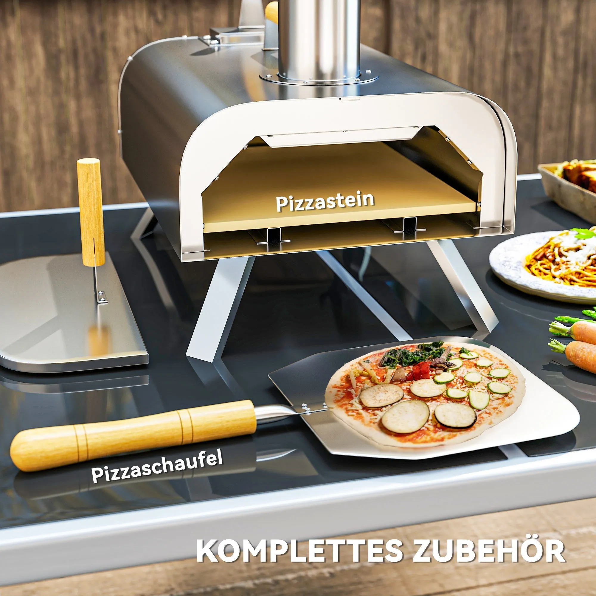 Rootz Outdoor Pizza Oven - Portable & Foldable - Stainless Steel - Enjoy Real Wood-Fired Pizza - 79x36x75cm with Pizza Stone & Shovel