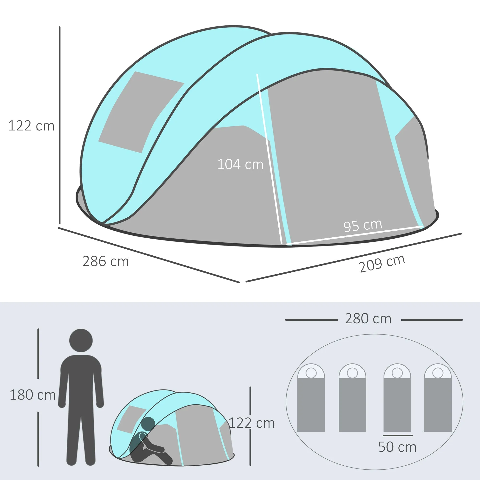 Rootz Pop-up Camping Tent - Waterproof Tent - 4 Person Tent - Light & Ventilated - 286x209x122cm