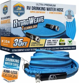 RV Fresh Water Drinking Hose 35' by Clean Camper- Kink Free Design | Non Leaching | Non Toxic | Stainless Steel Fittings | Durable Camping RV Hose