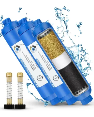 RV Inline Water Filter with 2 Flexible Hose Protector, Reduces Chlorine, Bad Taste, Rust, Corrosion, Sediments, and Turbidity, Ideal for RVs, Garden, Car Washing, Gardening, Planting, 2 Pack